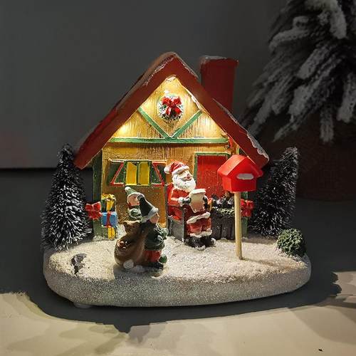 圣诞节圣诞屋迷你工艺品发光树脂小房子酒店场景布置桌面红色摆件