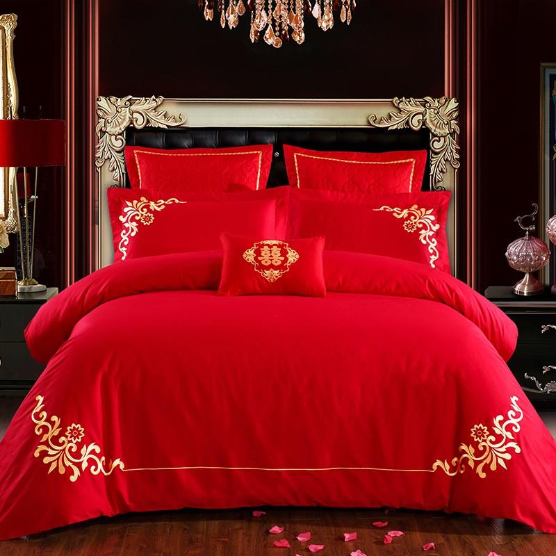 全棉新婚庆简约刺绣四件套纯棉大红色六八件套新婚房结婚床上用品