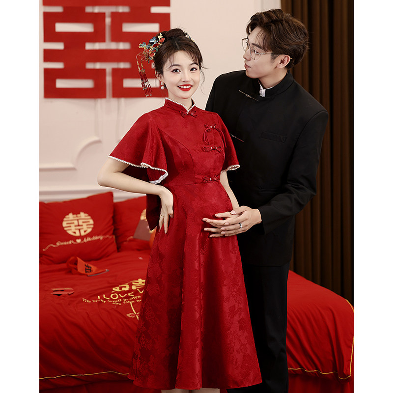 速发孕妇旗袍敬酒服新娘新订式中婚礼服遮肚子红色回门连衣裙大码
