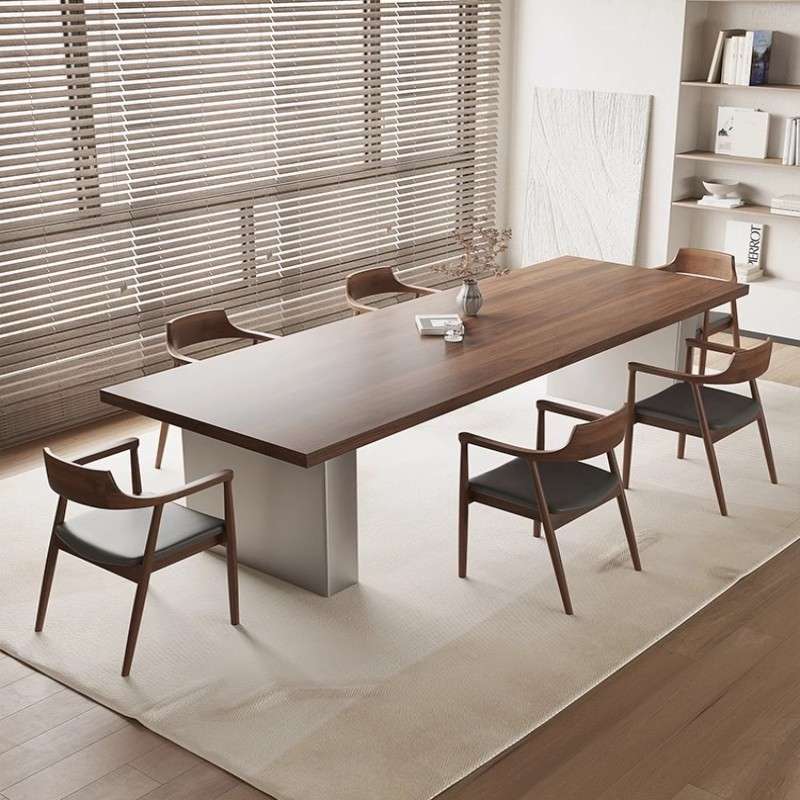 实木会议桌简约现代办公电脑桌大板极简原木长桌长条桌子胡桃木色