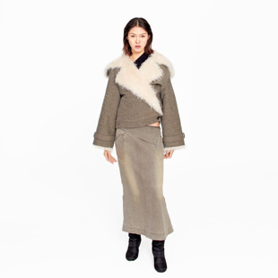 Leafy 收腰大翻领厚短外套棉袄保暖 棉毛混纺长毛领斜裾围裹式