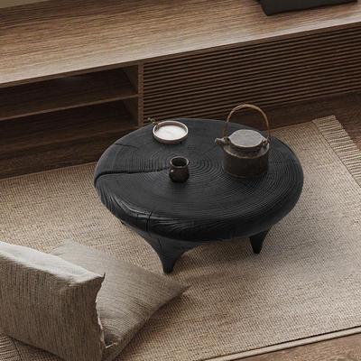 侘寂风碳化实木小茶几设计师创意复古迷你茶桌榻榻米圆形矮桌茶台