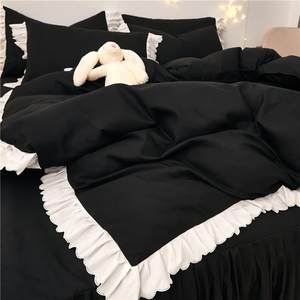 黑色床裙四件套1.8m床韩版风床罩被单被套200x230cm床单床上用品4