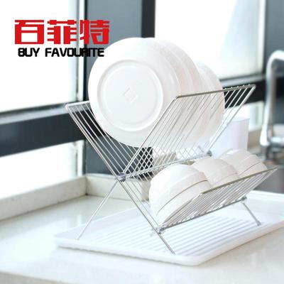 cs304不锈钢折叠碗碟架双层厨房置物X型沥水架免装带接水盘收纳架