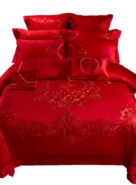 热销6b76140s支六十刺绣婚房床上用品大红色喜被子结婚婚庆四件套