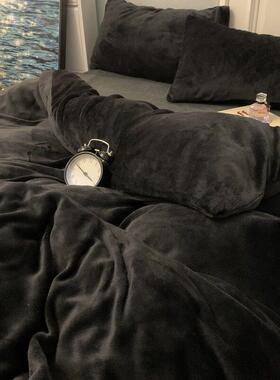秋冬被套高端黑色双面奶丝绒四件套灰色珊瑚丝绒单人床学生三件套