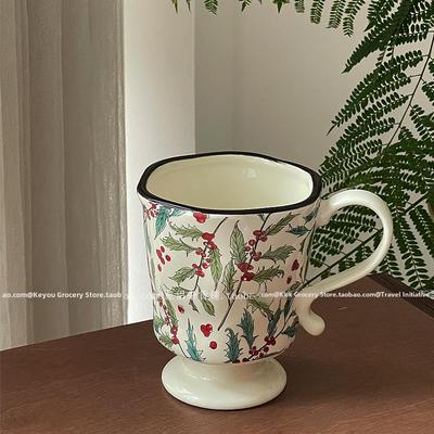 覆古花鸟新鲜小苍兰高脚杯陶瓷马克杯咖啡杯家庭水杯早餐牛奶杯礼