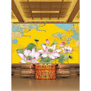 佛堂金色莲花荷花壁画祥云绸缎佛道仙背景墙纸墙布寺庙禅房墙布