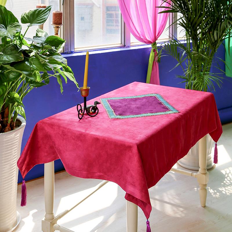 设计师布艺作品集紫色玫红拼接东南亚餐桌茶几麂皮绒圆桌桌布盖布