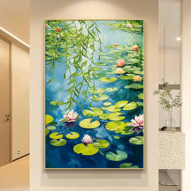 速发并蒂芙蓉入户玄关装饰画新中式发厅沙客背景墙挂画走过廊道壁