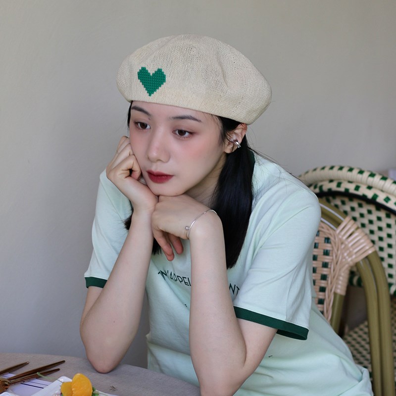 热销绿色爱心g 透气网孔贝雷帽女夏米色系小清新画家帽夏季蓓蕾帽