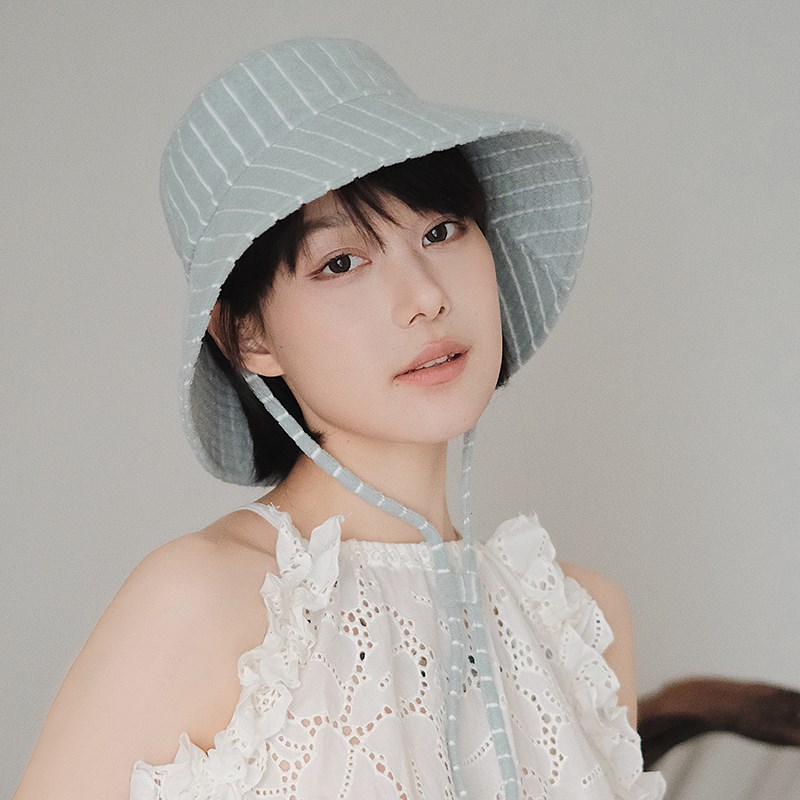 热销Lion~海滩女n孩 清新条纹毛巾布宽檐渔夫帽遮阳帽防风绳春夏