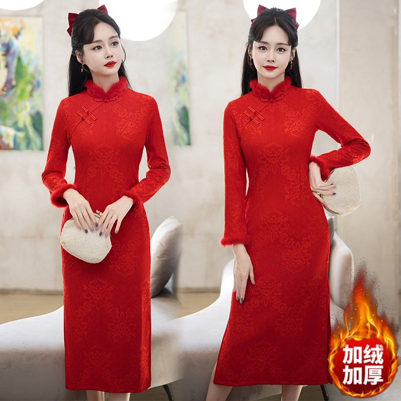 速发加码装秋冬款加绒大厚改良红长色袖旗袍年轻款结婚礼服敬酒服