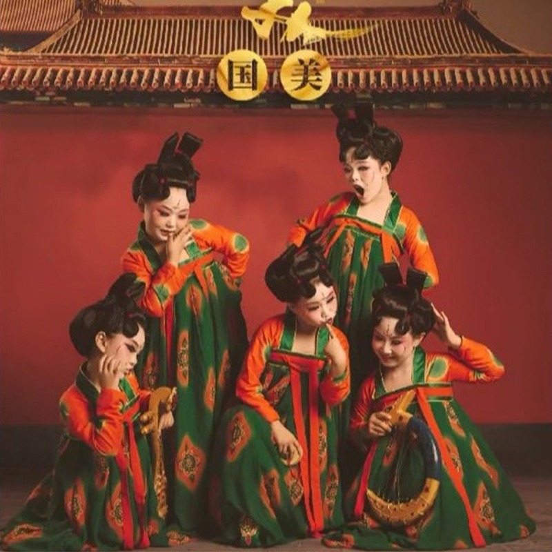 速发宴花奖郑州春唐晚宫夜荷图演出服儿童唐俑汉服童古典舞表演服