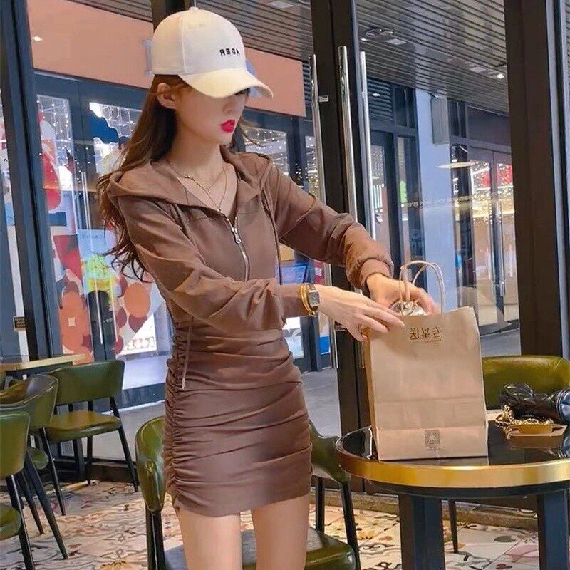 速发高冷范装气级紧身连帽卫衣裙短裙高包感别致质臀连衣裙秋冬