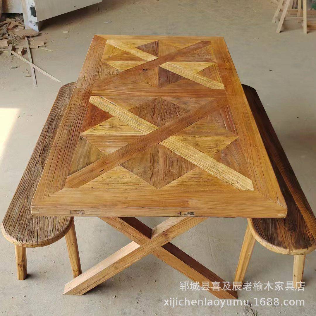 厂家供应老榆木实木咖啡桌子老门板茶桌风化纹理拼花实木方桌圆桌