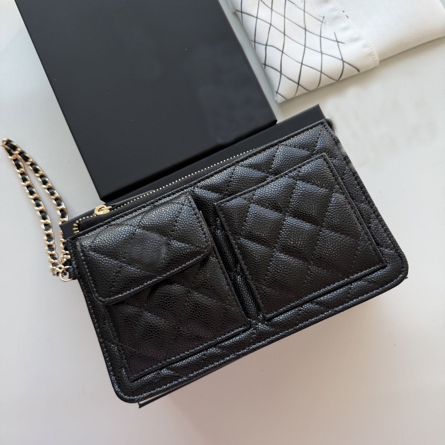 小羊皮菱格真皮手机包女链条小包黑色卡包零钱包手腕包小香风20CM