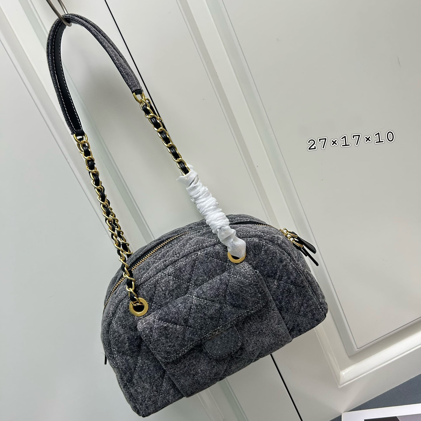 新款时尚百搭牛仔保龄球包女包单肩链条斜挎包手提包27CM