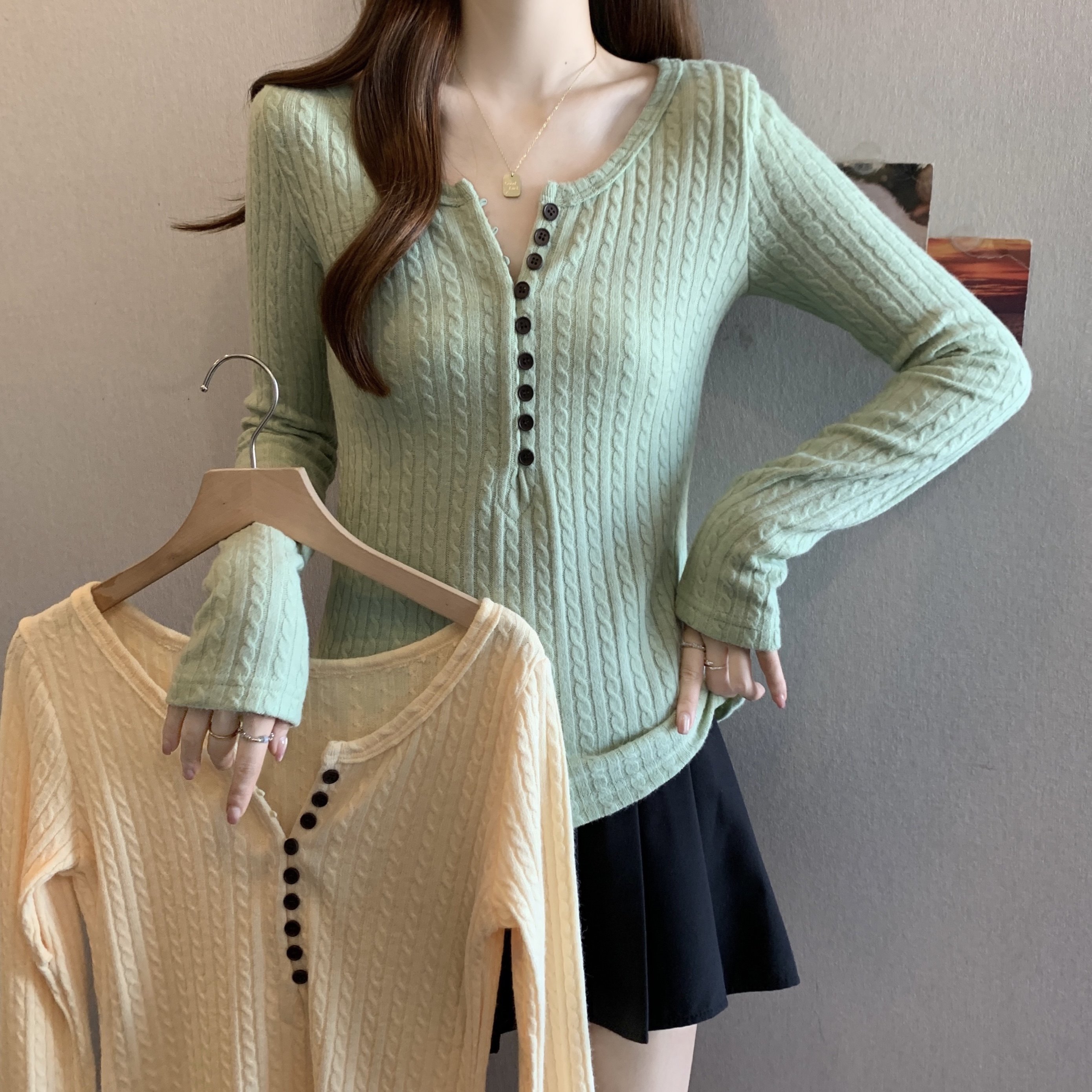 实拍大码复古绿色亨利领内搭针织打底衫女冬季新款毛衣小上衣6098,女装/女士精品,大码内搭,淘宝优惠券,粉丝福利购,淘宝优惠卷