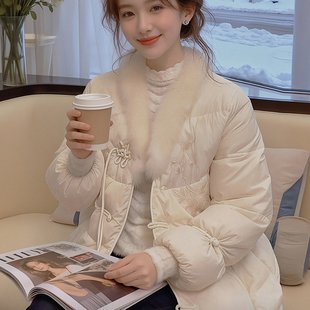 新中式国风粉色棉服外套女冬季大码胖mm独特漂亮盘扣毛领保暖棉衣