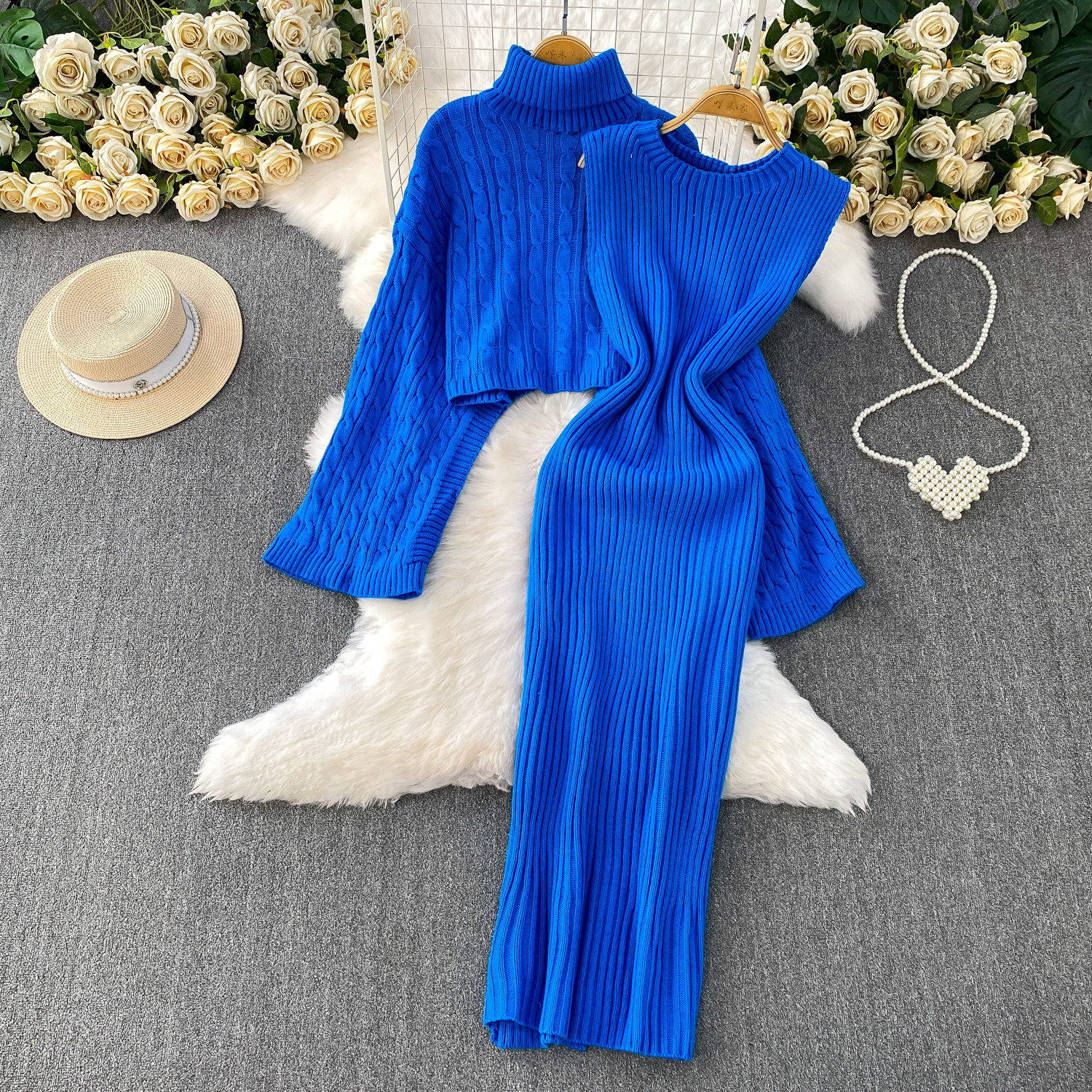 莱克茵蓝秋冬加厚麻花保暖高领长袖罩衫毛衣套装两件套针织连衣裙,女装/女士精品,时尚套装,淘宝优惠券,粉丝福利购,淘宝优惠卷