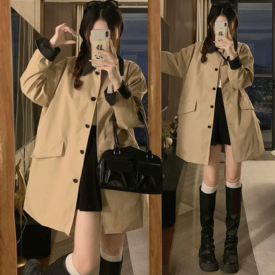 实拍卡其色拼接风衣外套女中长款小个子韩系休闲工装大衣