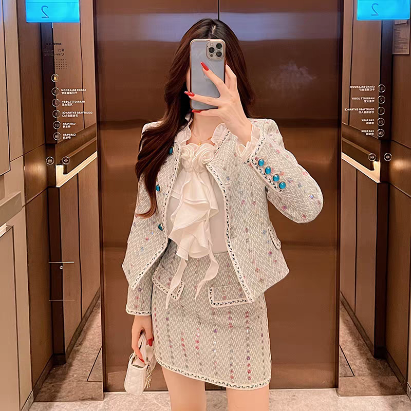 小香风套装女2025春秋新款高端编织重工亮片短外套半身长裙两件套,女装/女士精品,时尚套装,淘宝优惠券,粉丝福利购,淘宝优惠卷