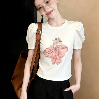 2026设计感重工刺绣蓬蓬袖圆领短袖T恤上衣女
