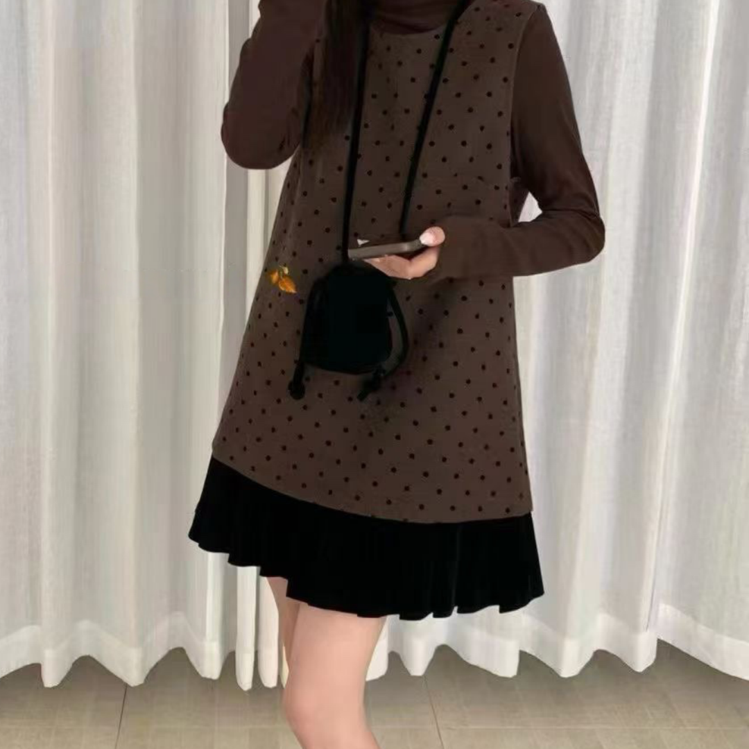 韩系秋冬新款法式设计感小众复古下摆拼接波点背心裙+打底衫套装