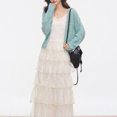 新品WESTAYONE薄荷绿毛衣开衫+蕾丝蛋糕吊带连衣裙女春夏新款