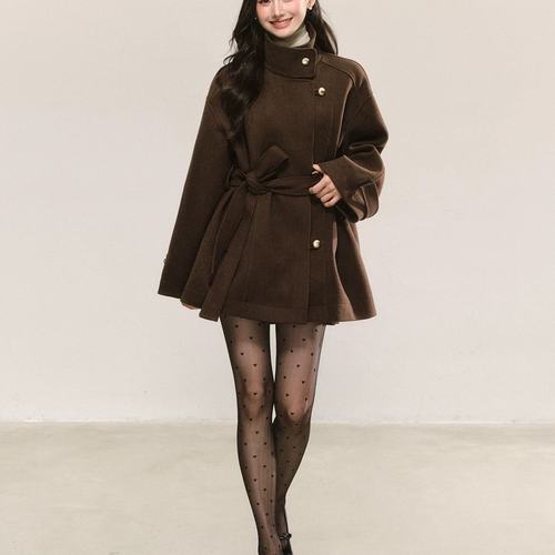 QDQD 复古高级感立领毛呢外套秋冬新款系带收腰显瘦气质棕色大衣