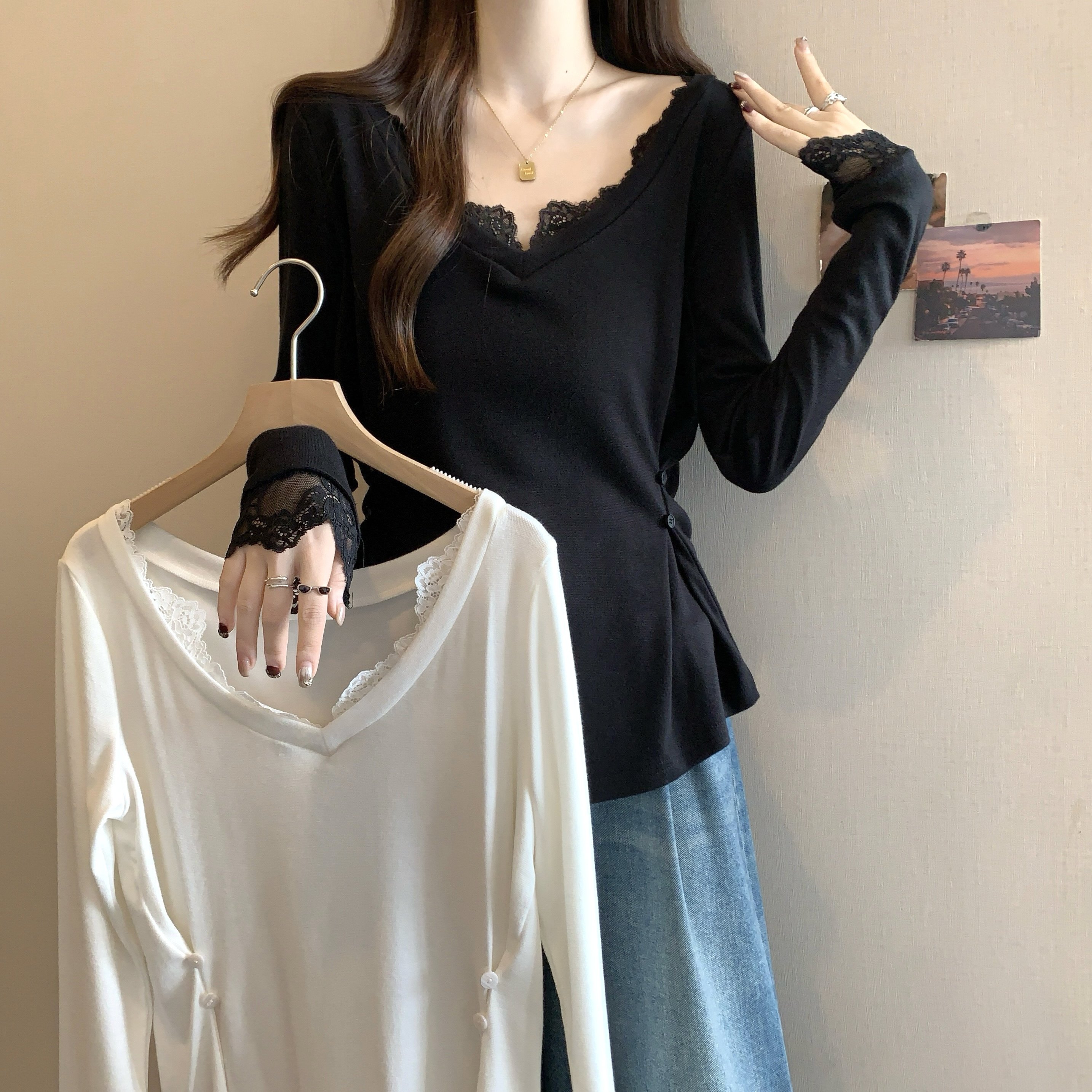实拍大码胖MM纯欲风蕾丝拼接长袖秋季掐腰修身设计感上衣1833,女装/女士精品,大码内搭,淘宝优惠券,粉丝福利购,淘宝优惠卷