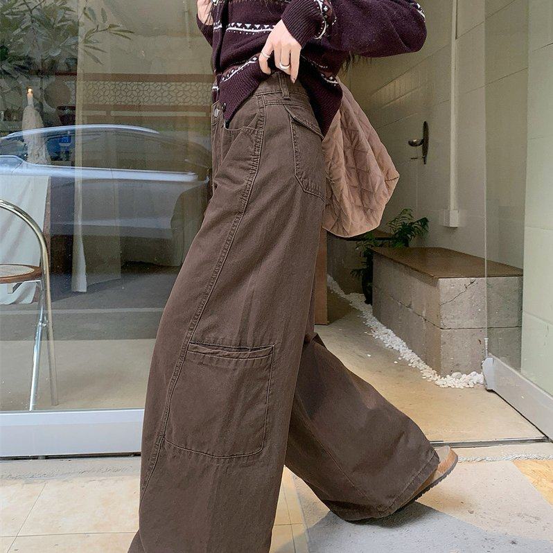 实拍 复古高腰多口袋工装阔腿牛仔裤2025秋冬新款加厚休闲直筒裤,女装/女士精品,牛仔裤,淘宝优惠券,粉丝福利购,淘宝优惠卷