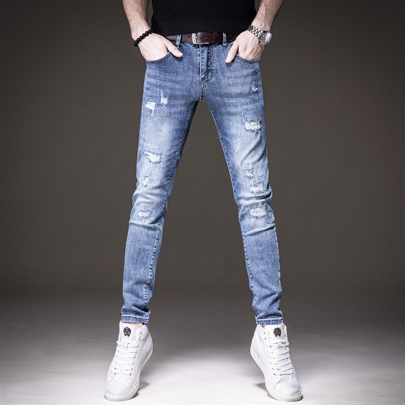 贵色秋季新款破洞牛仔裤男修身小脚休闲浅色裤子男高端百搭弹力裤