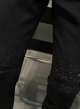 hai先生秋冬季纯黑色牛仔裤男士新款黑色烫钻修身小脚裤弹力长裤