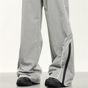 男女宽松条纹阔腿拖地休闲裤 复古bella风运动裤 潮 美式 0123Start