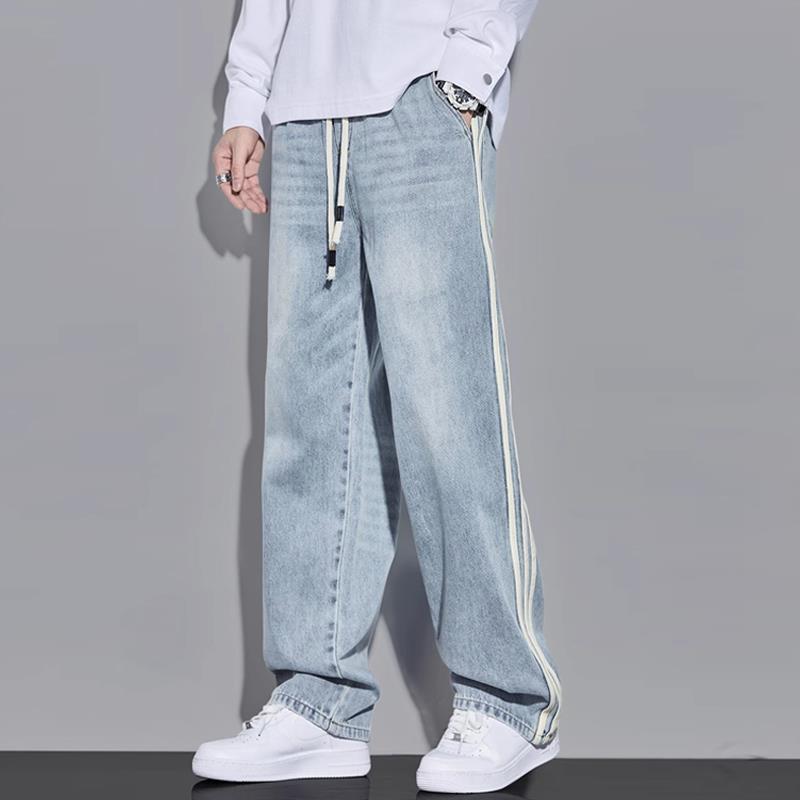 条纹阔腿牛仔裤男士水洗浅色秋冬季新款美式加绒宽松直筒潮牌裤子