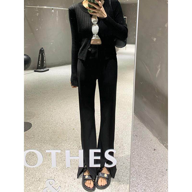 HUILIULIU 黑色弹力开叉微喇西装裤女春秋垂感直筒阔腿裤拖地裤子