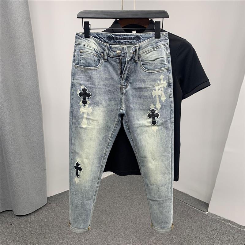 欧货潮牌个性十字架拼皮印花修身牛仔裤2024年新款男生休闲九分裤
