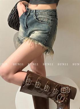 SUNONEONE 毛边复古低腰牛仔短裤女春夏显瘦百搭做旧外穿辣妹热裤