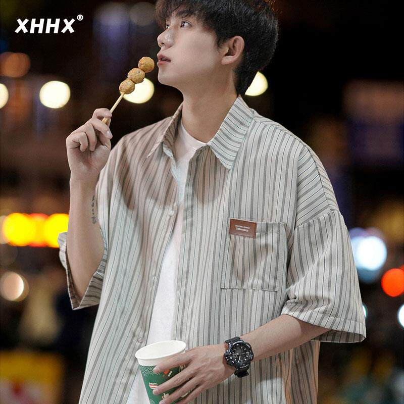 条纹短袖衬衫男夏季宽松大码潮牌高级感痞帅休闲冰丝半袖衬衣外套