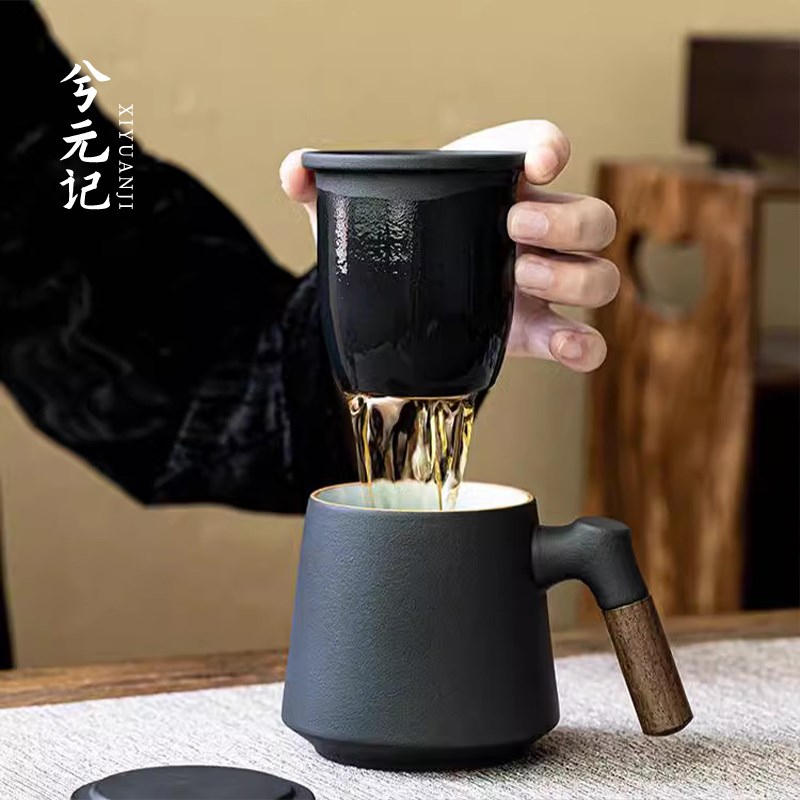 热销黑陶a茶杯家用陶瓷办公室带盖过滤茶水分离个人专用男女士泡