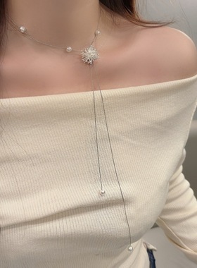 时尚百搭银色烟花珍珠流苏项链轻奢感长款可抽拉毛衣链颈链