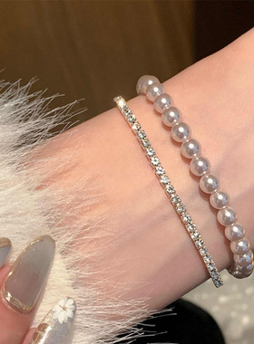 双层叠戴锆石手链女轻奢小众曼塔玫瑰珍珠手串感串珠手饰