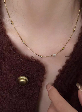 米粒天然淡水珍珠串珠项链女日常百搭通勤简约锁骨链真金电镀颈链