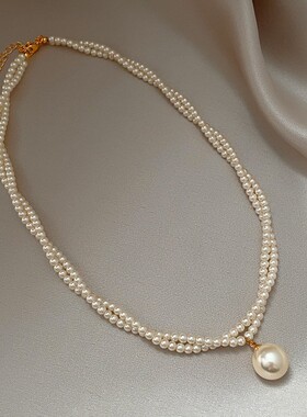 法式双层玻璃珍珠毛衣链项链女大气气质网红时尚可缠绕仿珍珠配饰