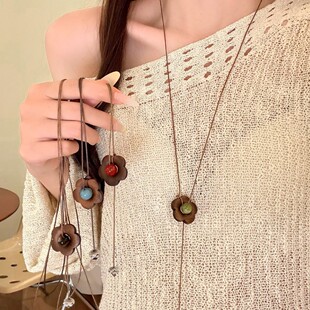 【蜜桃茶】中古花筏 复古文艺风木质小花串珠女长款挂脖项链配饰