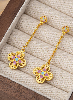 新款古法新中式黄金色花朵项链复古宫廷风滴釉吊坠小众精致锁骨链
