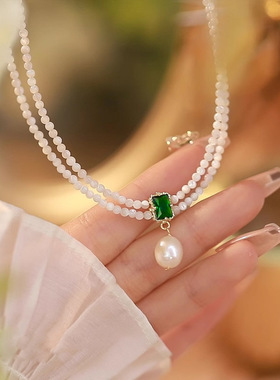 天然贝珠项链女生感百搭锁骨链双层串珠简约绿色颈链饰品
