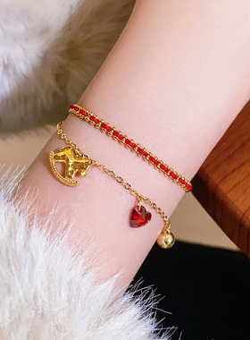 双层叠戴红绳碎冰冰小马爱心手链轻奢感编织手绳女本命年手饰